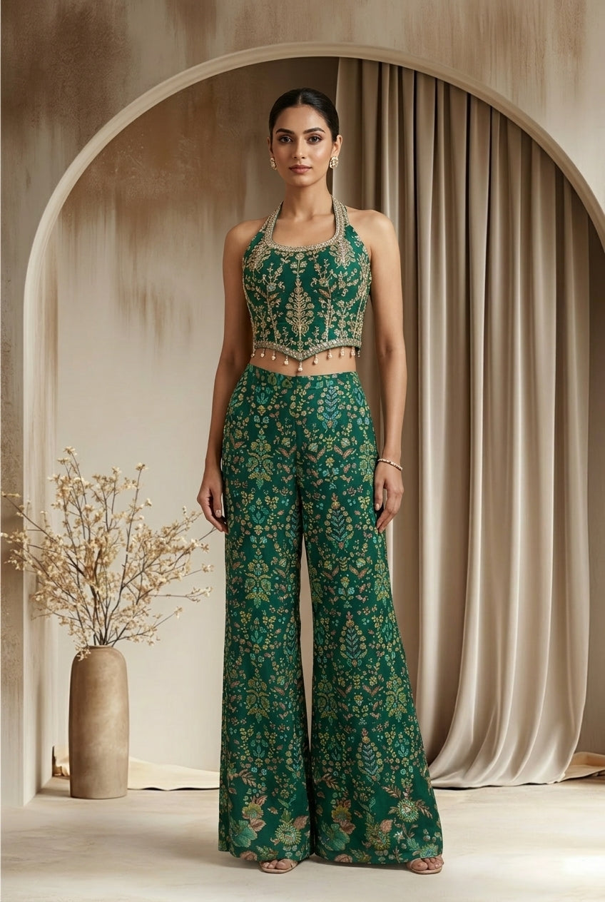 Green Floral Embroidered Sharara Set