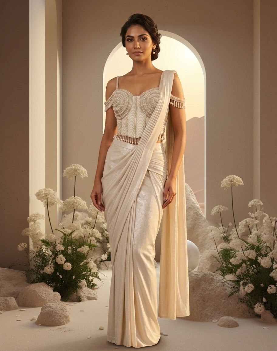 Ivory Embellished Saree Set