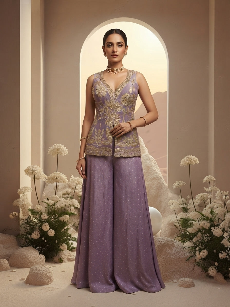 Pastel Gold Embroidered Sharara Set