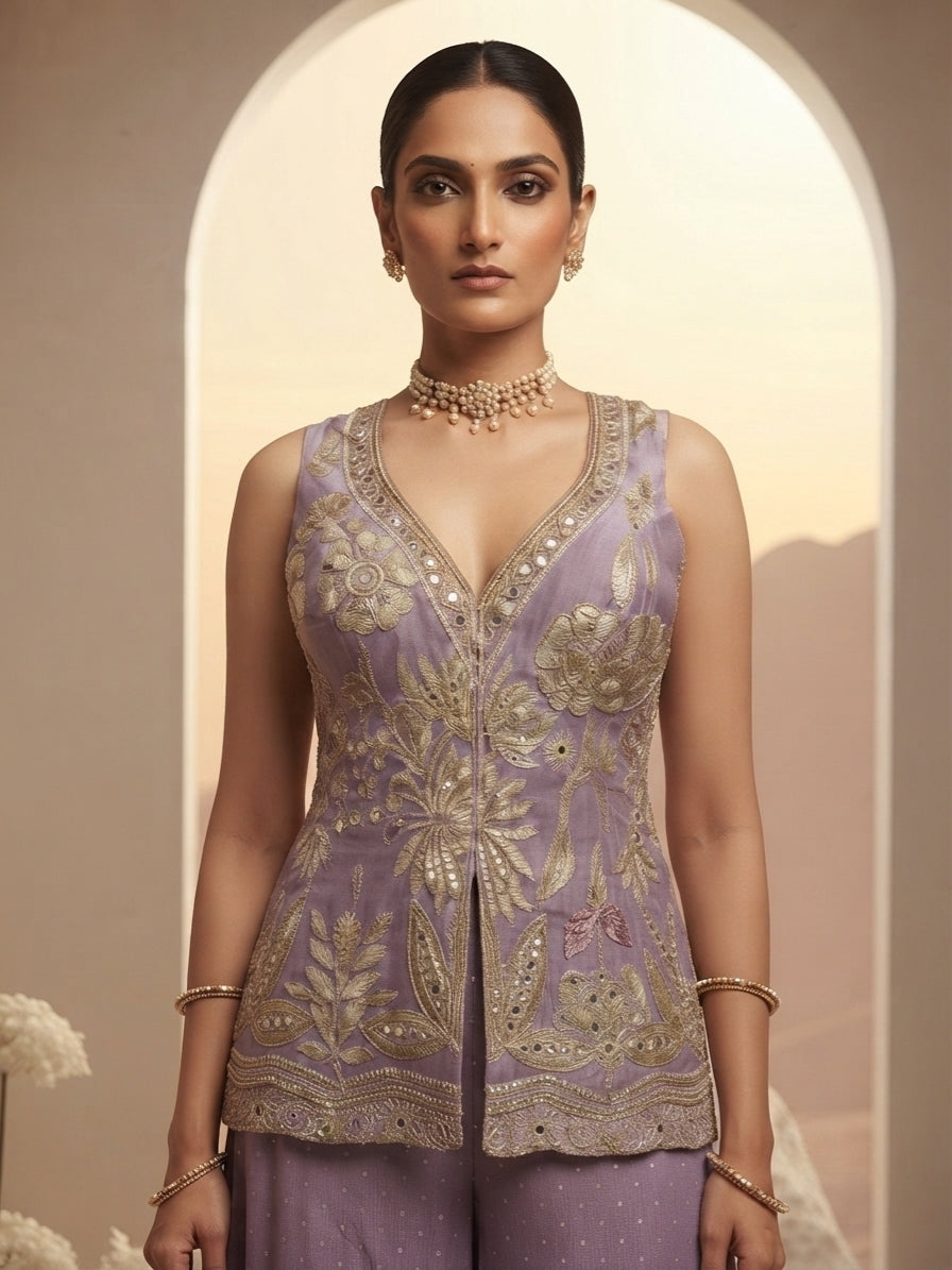 Pastel Gold Embroidered Sharara Set