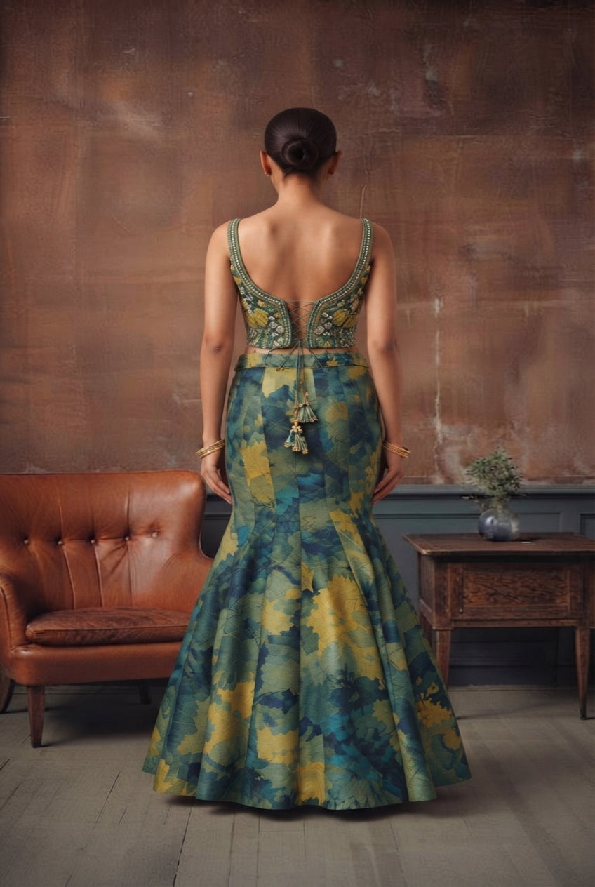 Azure Brushstroke Fishcut Lehenga Set