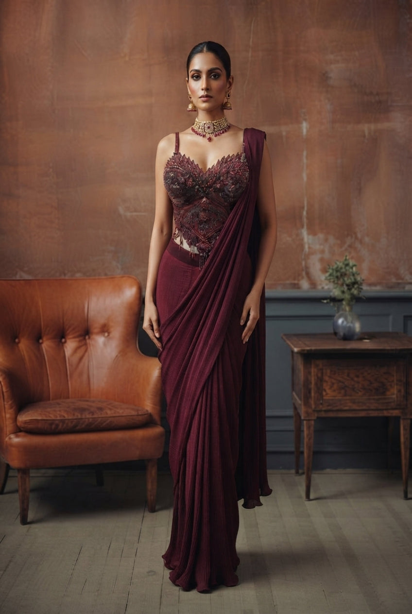 Regal Wine Saree Set