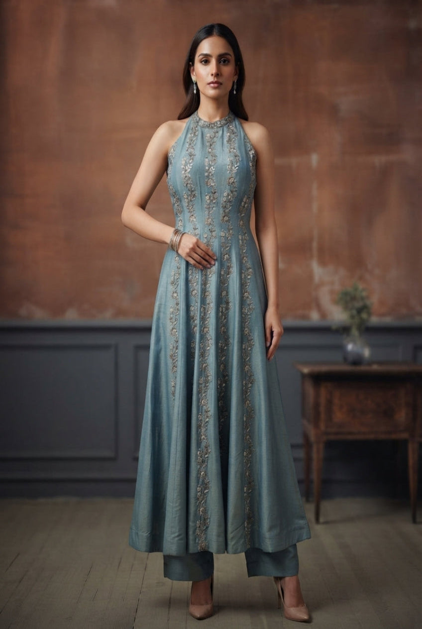 Teal Blue Embroidered Pant Set