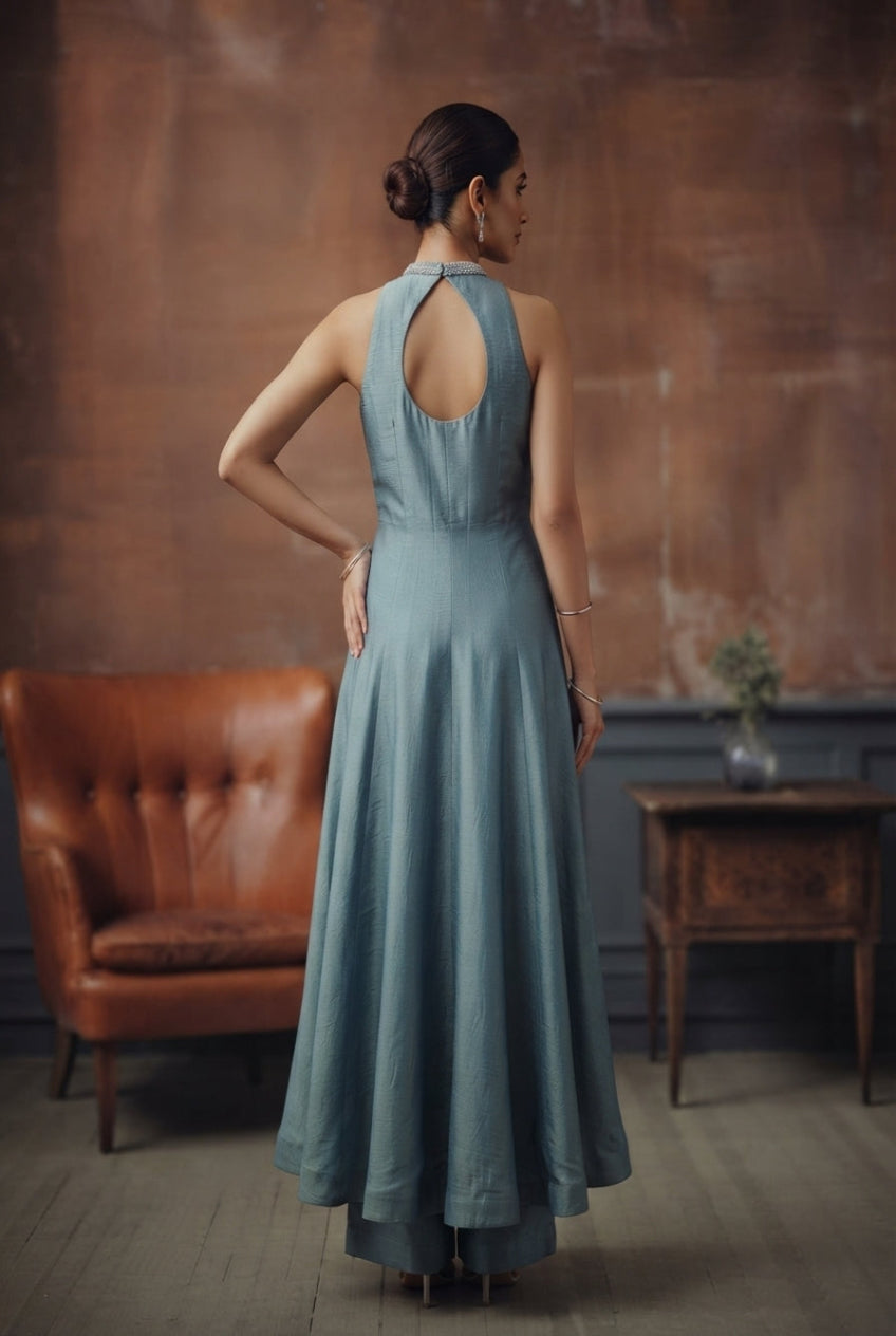 Teal Blue Embroidered Pant Set