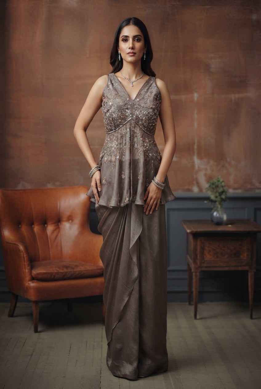 Grey Draped Skirt Set