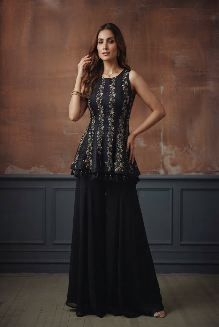 Black Kurta Embroidered Sharara Set