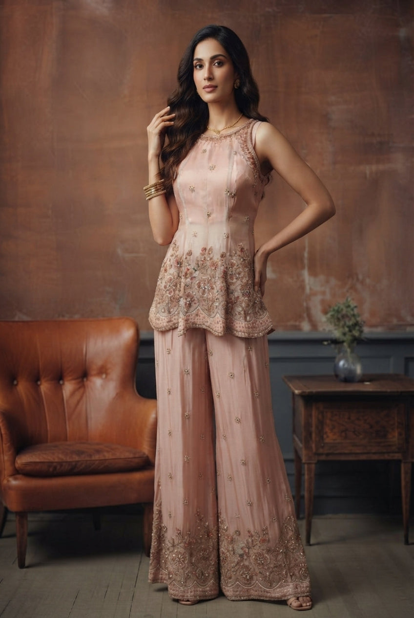 Pink Floral Embellished Sharara Set