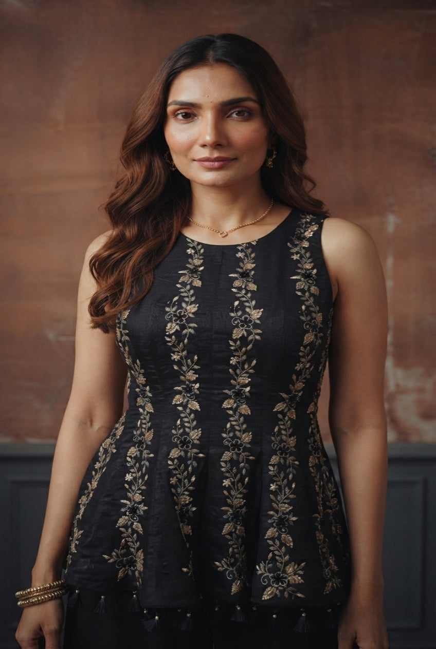 Black Kurta Embroidered Sharara Set