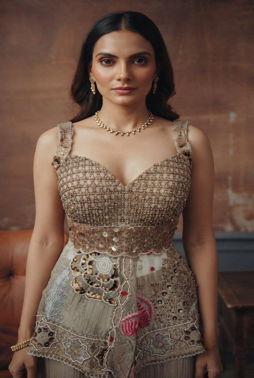 Beige Embellished Sharara Set
