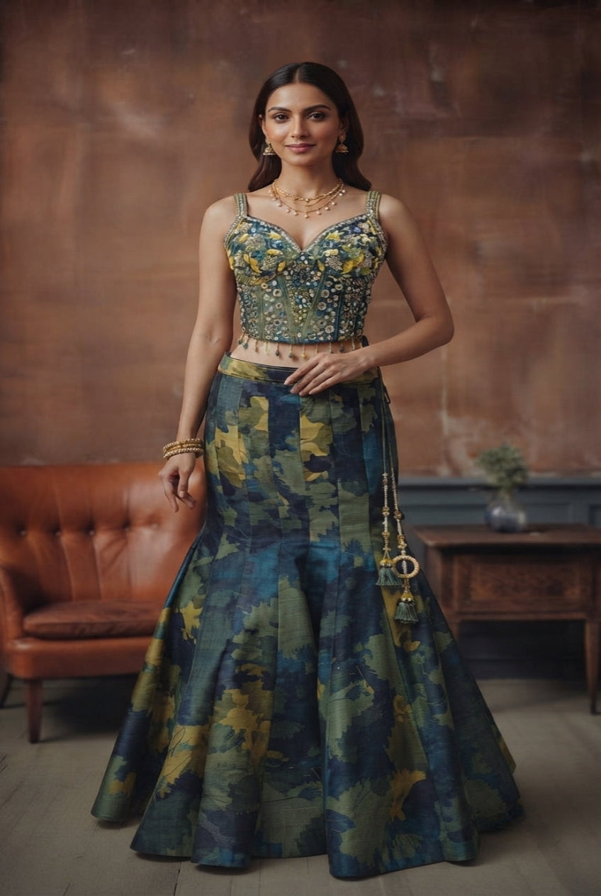 Azure Brushstroke Fishcut Lehenga Set