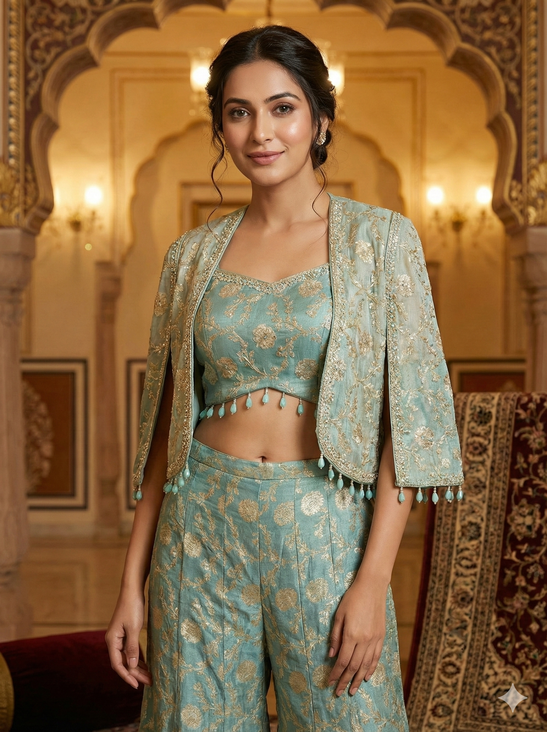 Gold Embroidered Cape Sharara Suit