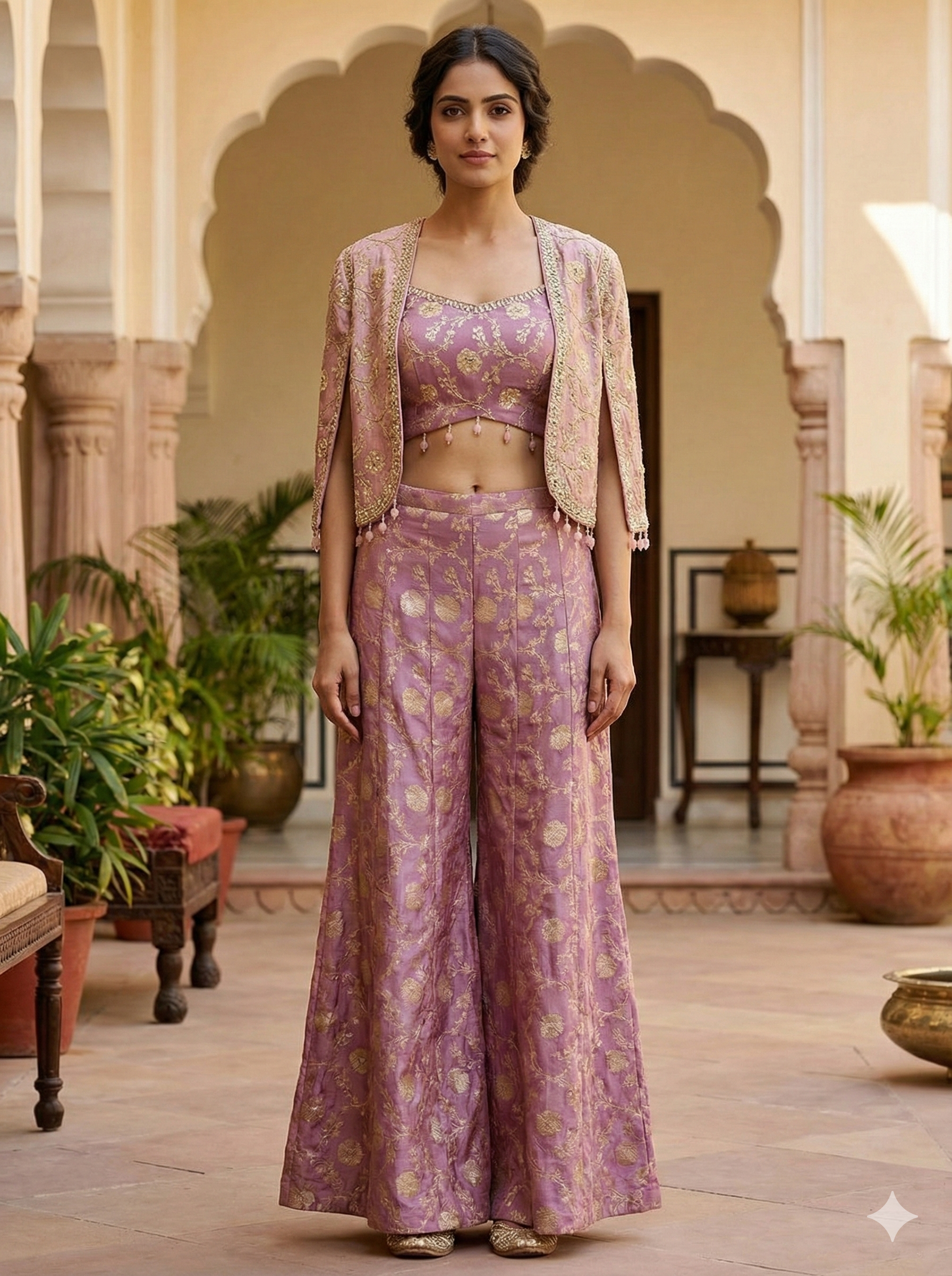 Gold Embroidered Cape Sharara Suit