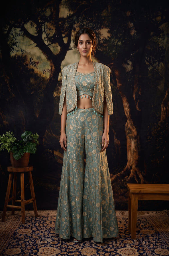 Gold Embroidered Cape Sharara Suit