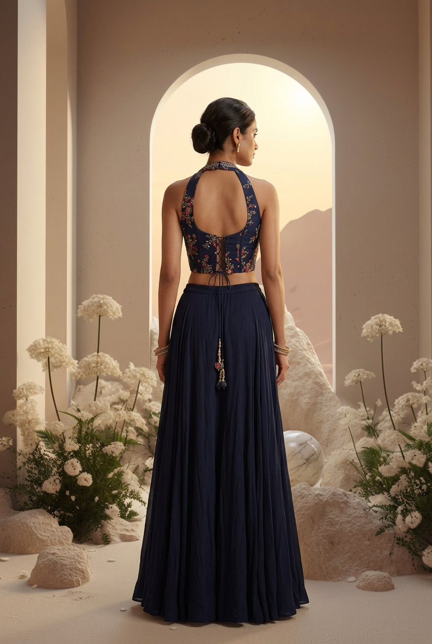 Blue Halter Neck Sharara Set