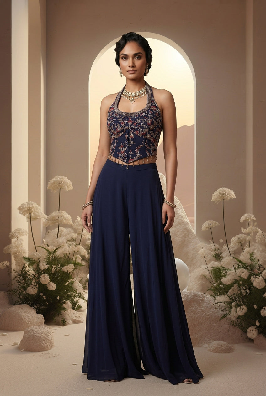Blue Halter Neck Sharara Set