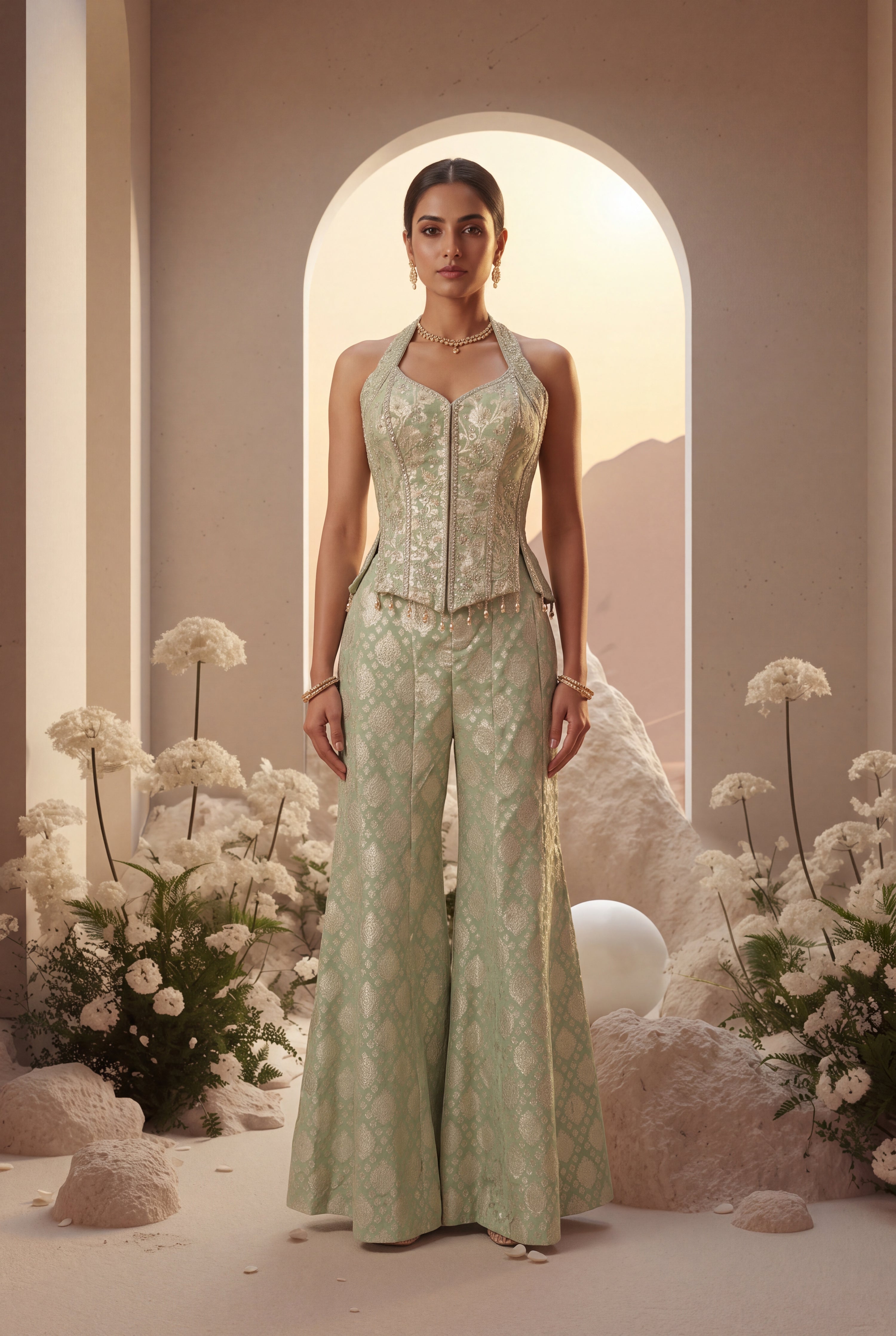 Green Halter Neck Sharara Set