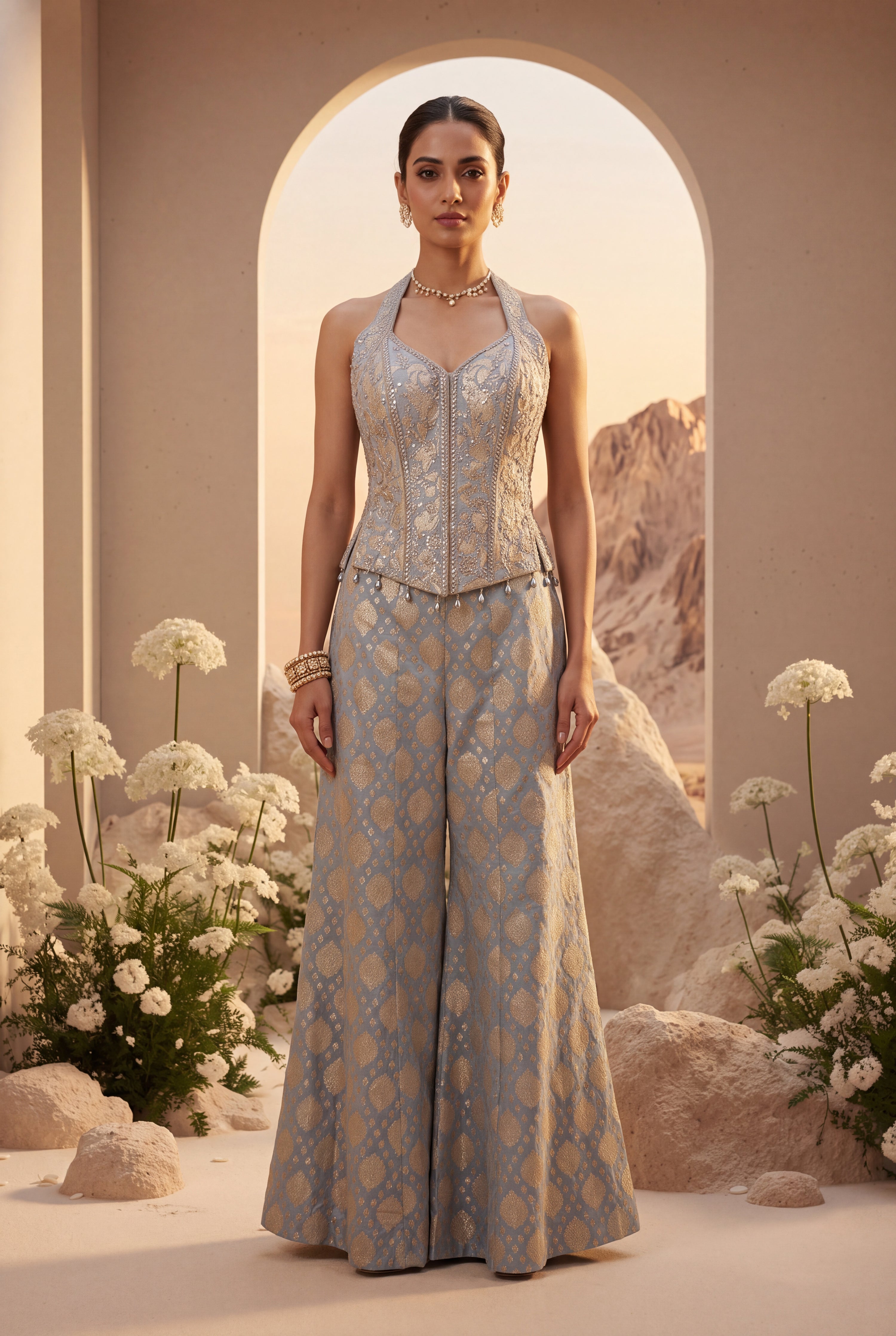 Green Halter Neck Sharara Set