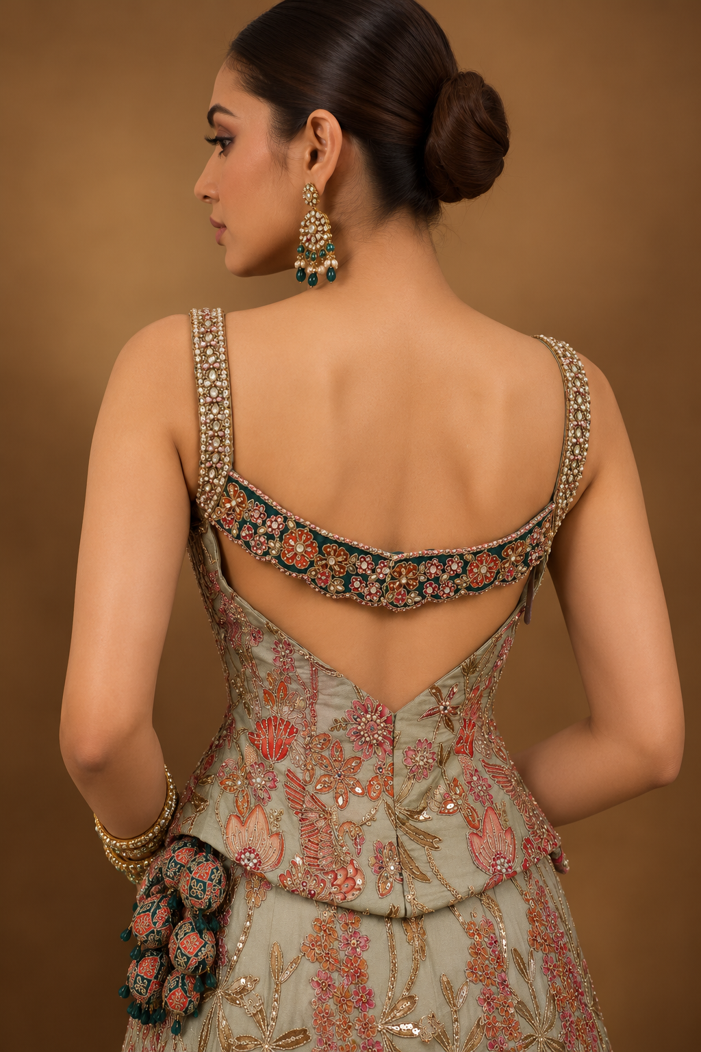 Green Floral Corset Lehenga