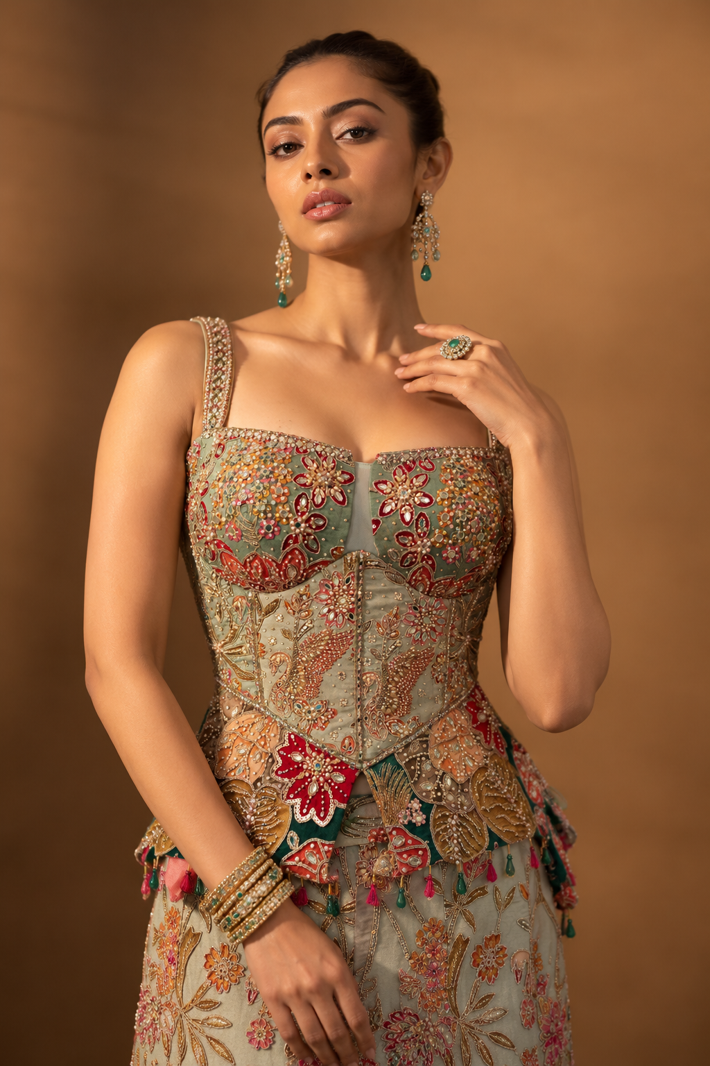 Green Floral Corset Lehenga
