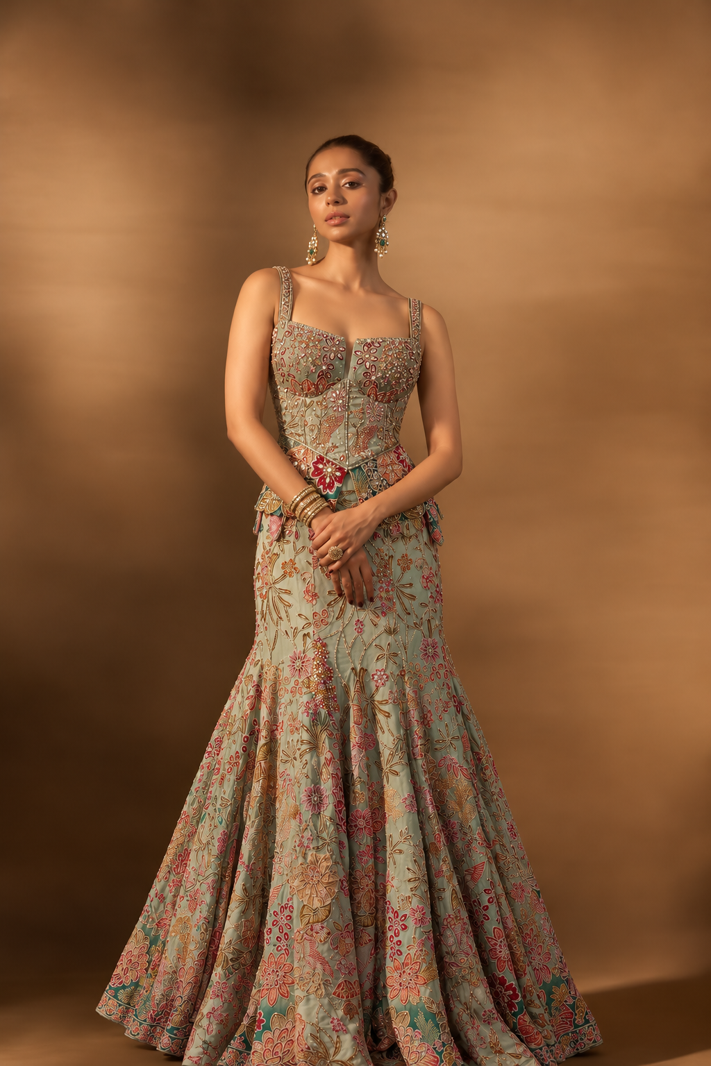 Green Floral Corset Lehenga
