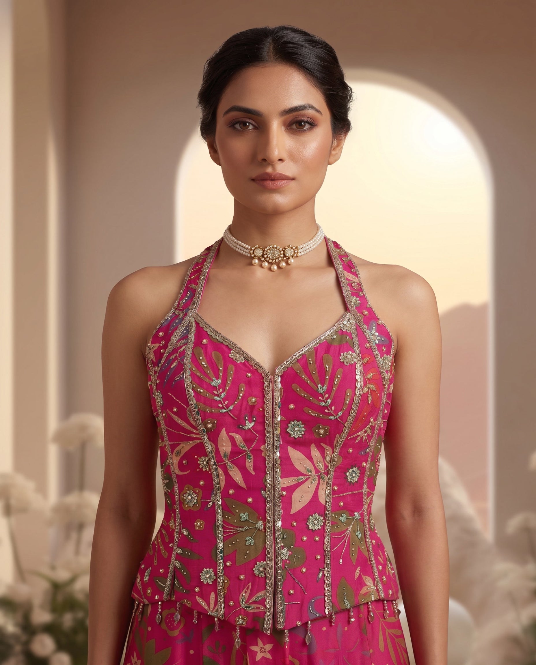 Fushia Pink Embroidered Sharara Set