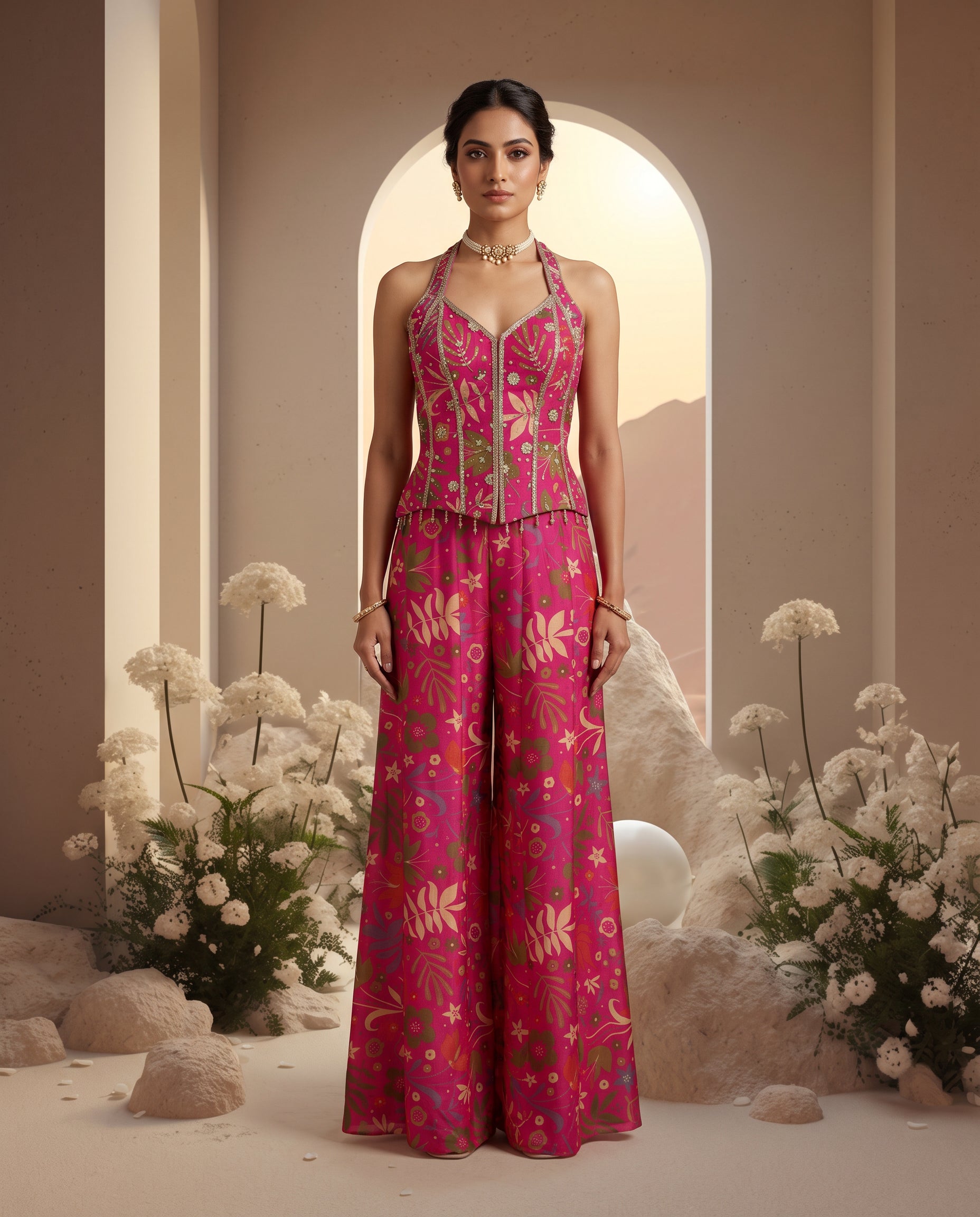 Fushia Pink Embroidered Sharara Set