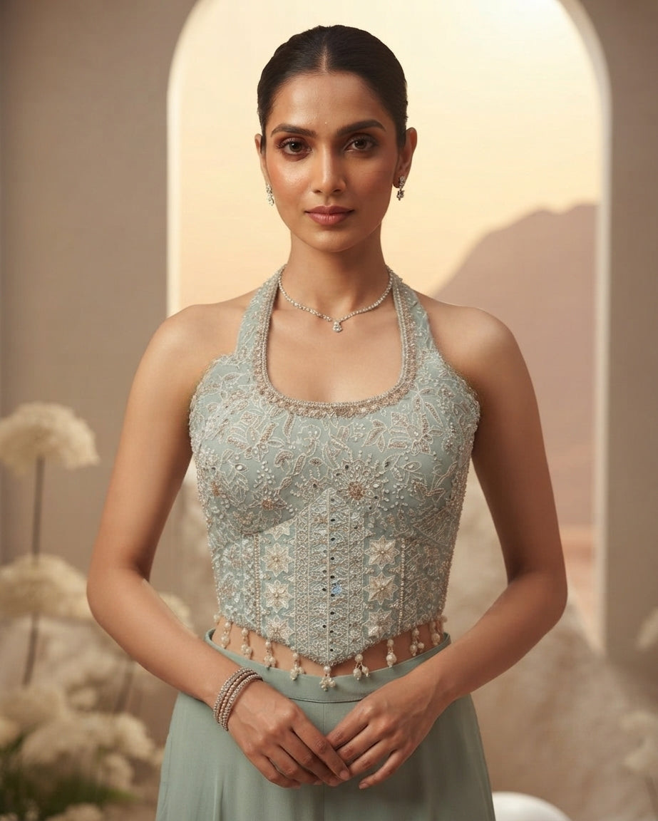 Blue Halter Embroidered Sharara Set