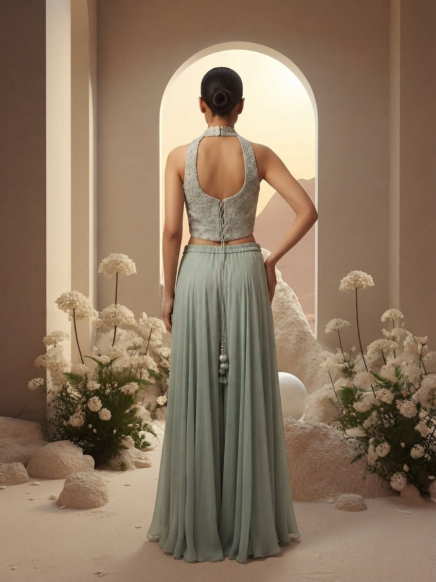 Blue Halter Embroidered Sharara Set