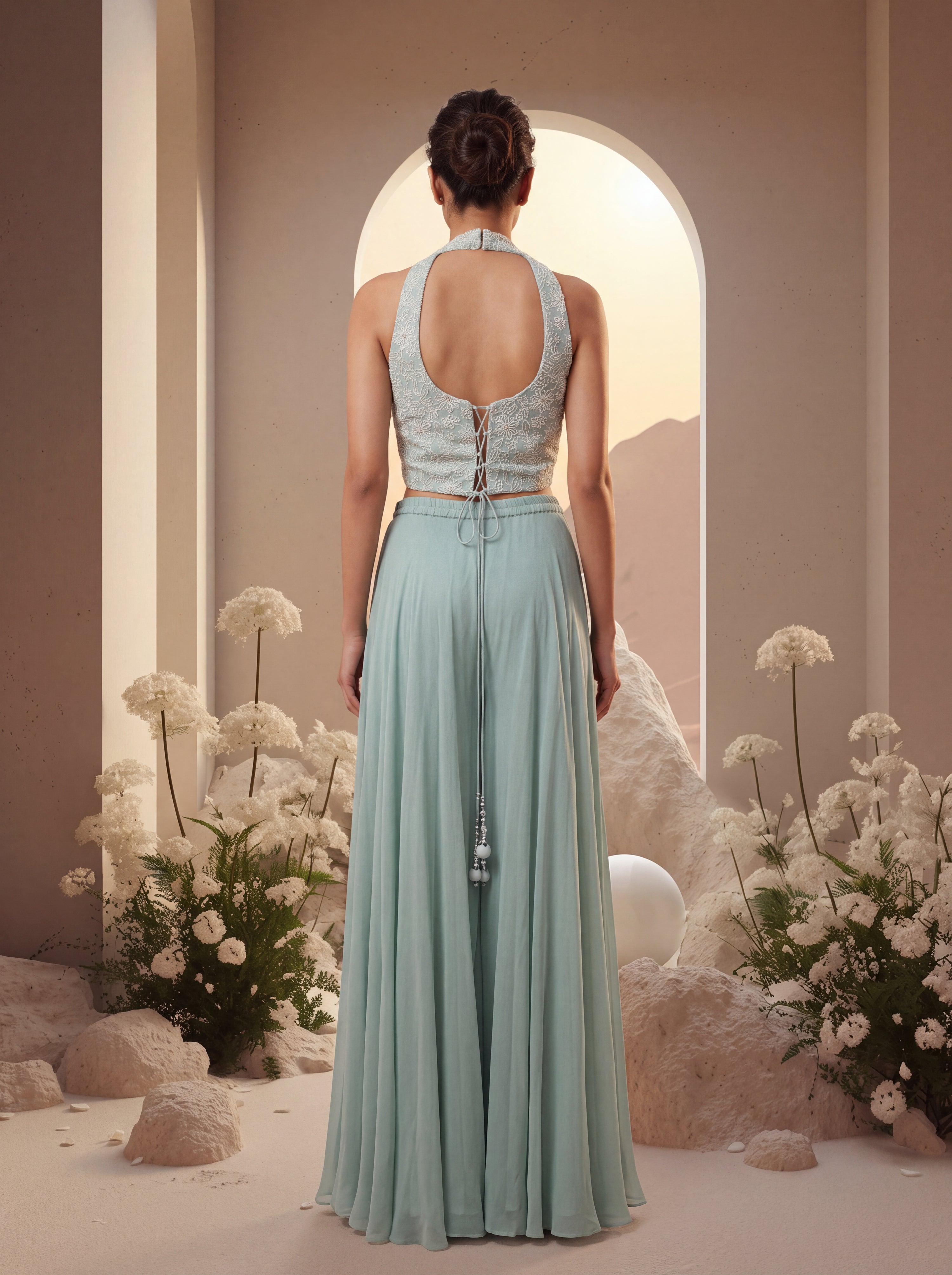 Blue Halter Embroidered Sharara Set