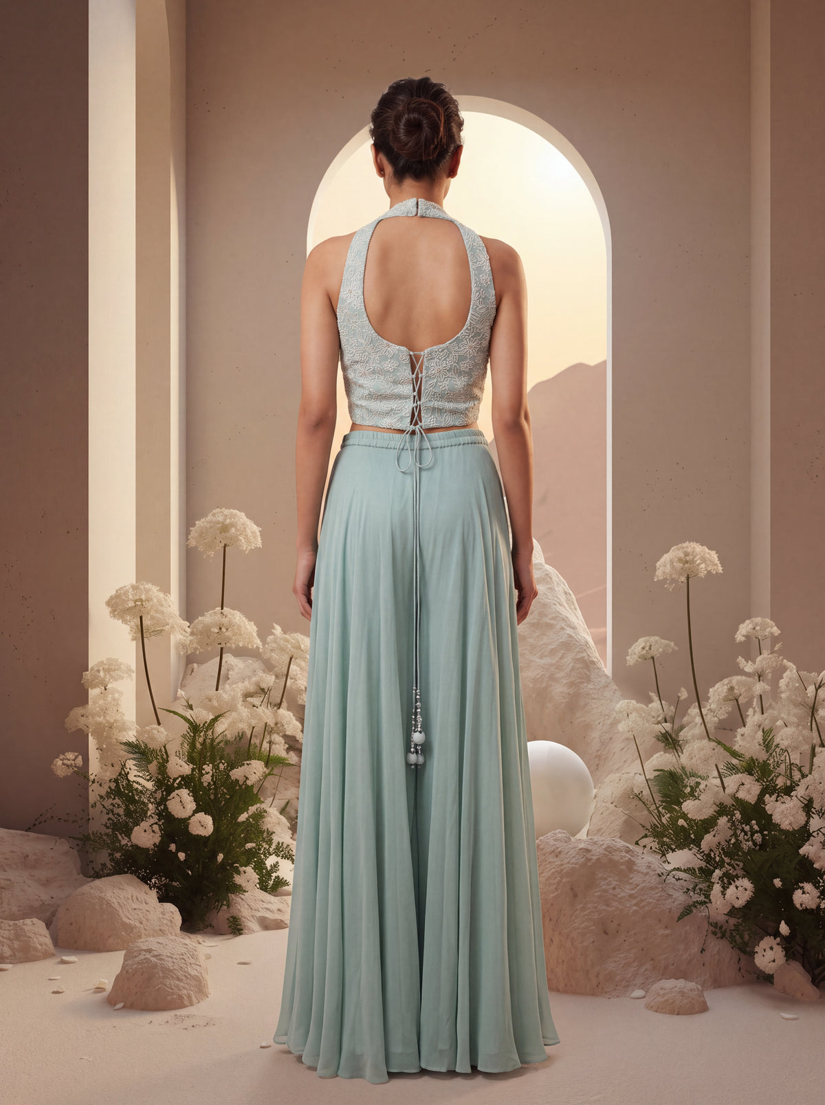 Blue Halter Embroidered Sharara Set