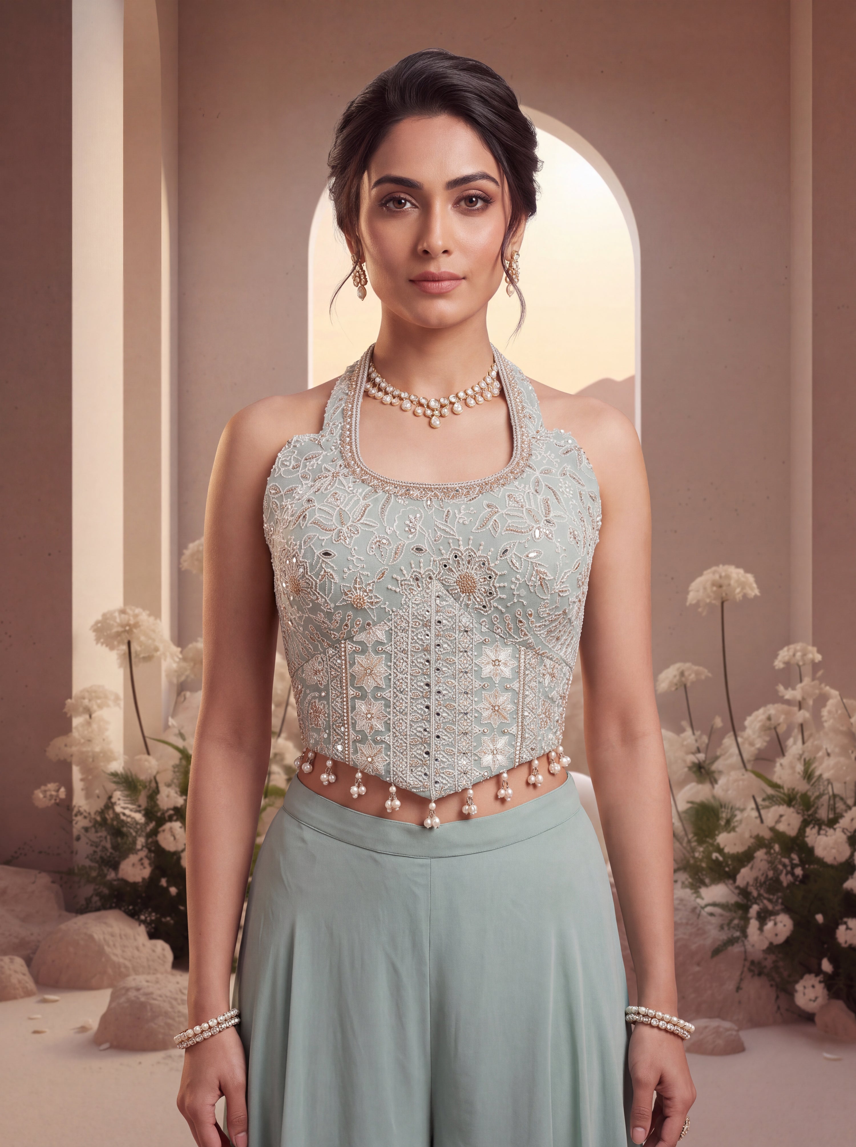 Blue Halter Embroidered Sharara Set