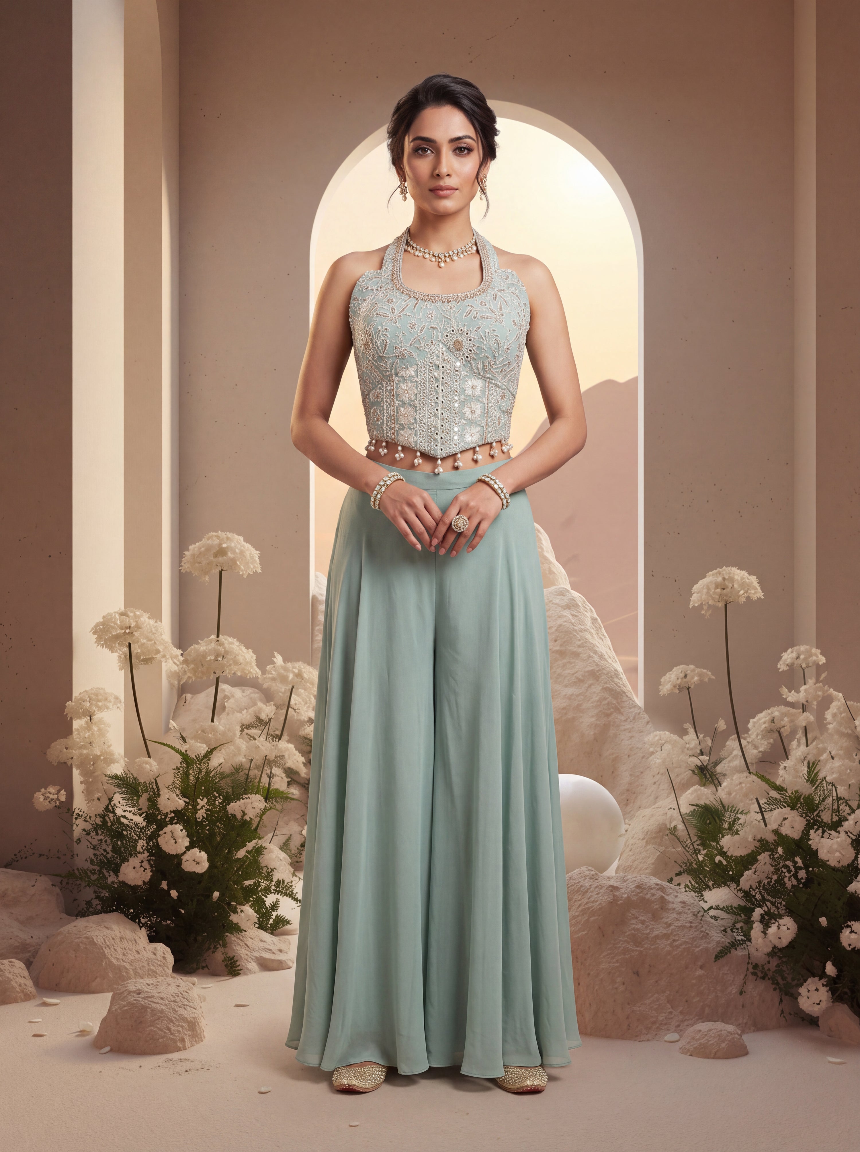 Blue Halter Embroidered Sharara Set