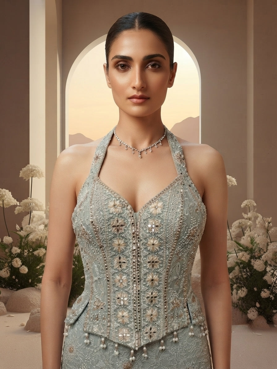 Blue Floral Embroidered Sharara Set