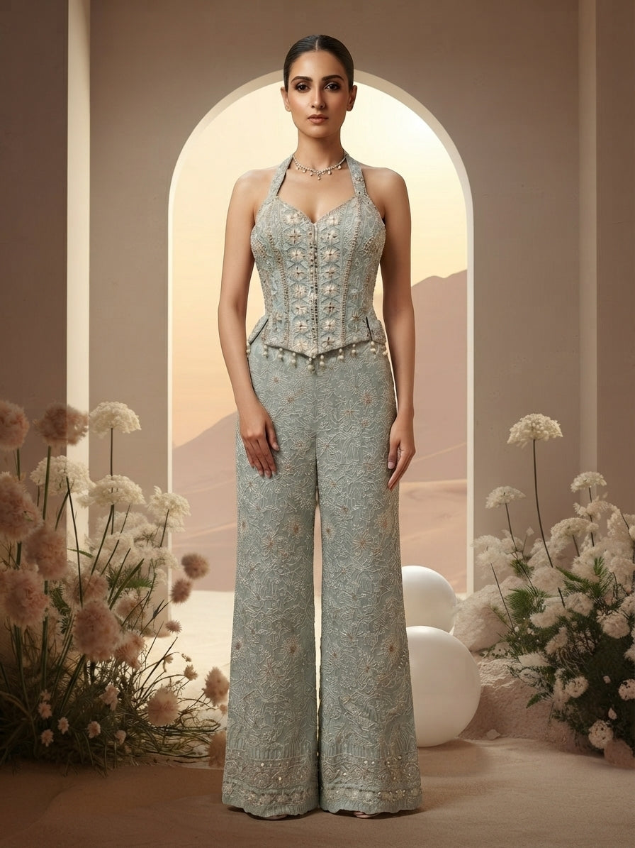 Blue Floral Embroidered Sharara Set