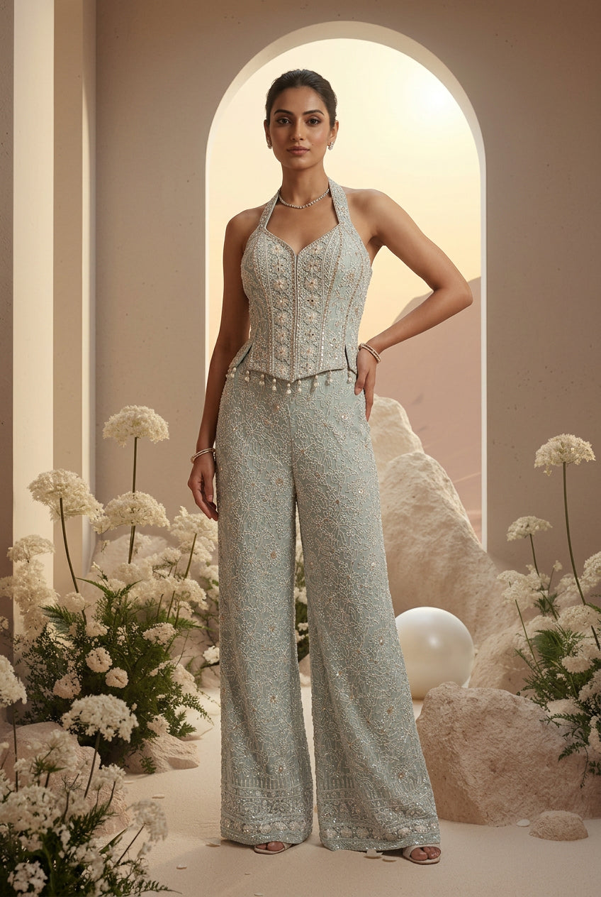 Blue Floral Embroidered Sharara Set
