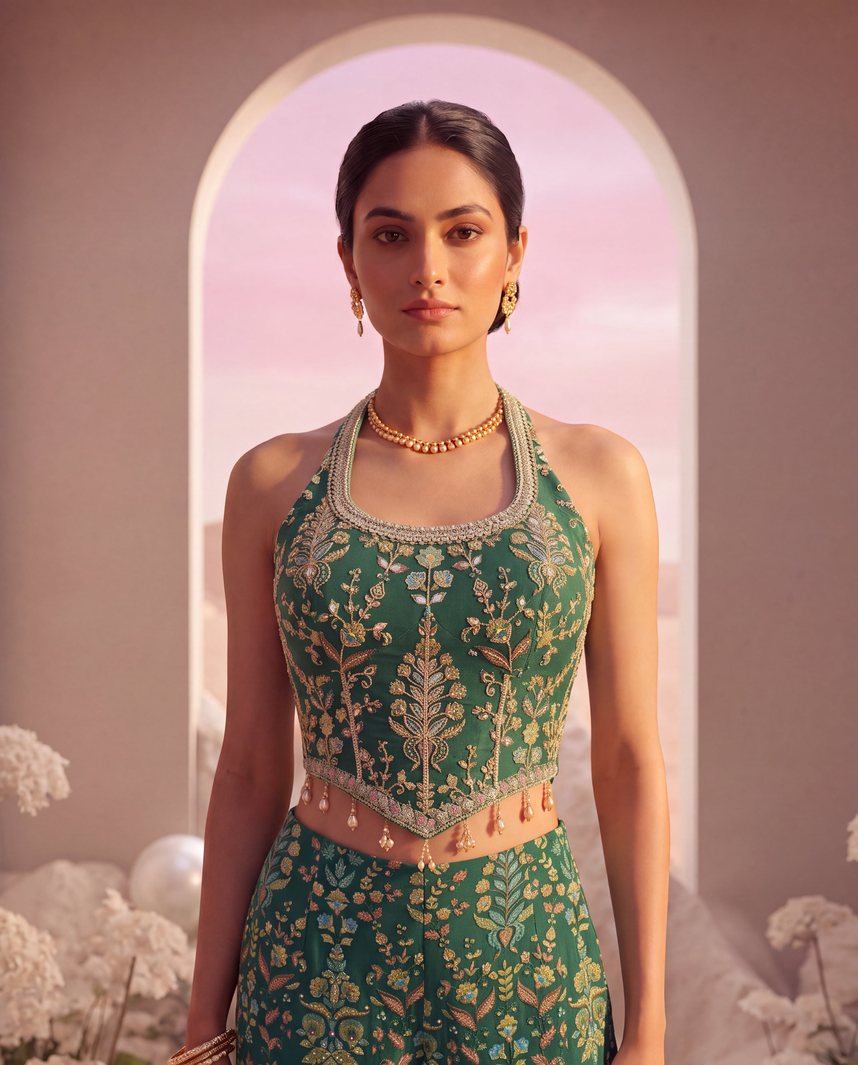 Green Floral Embroidered Sharara Set