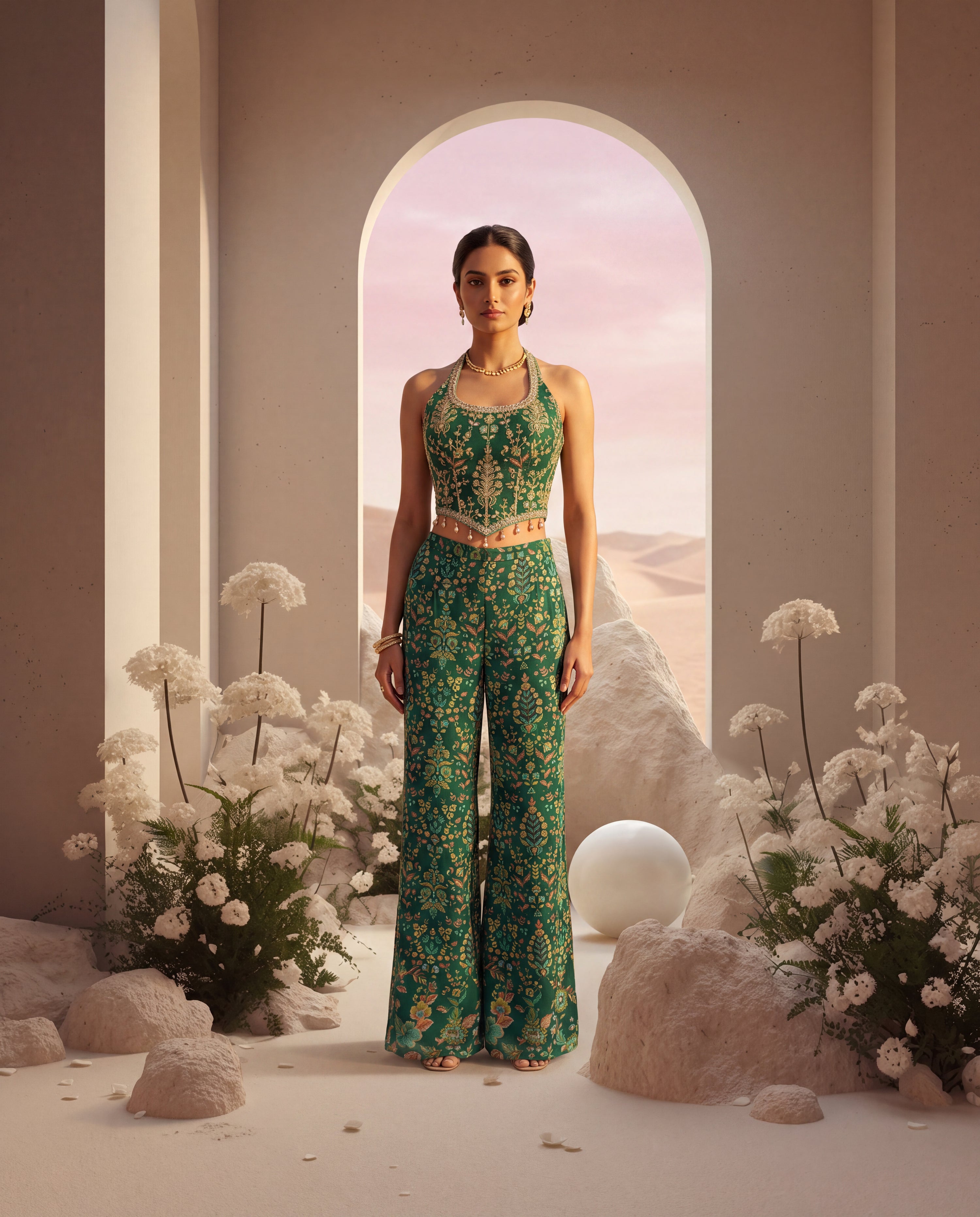 Green Floral Embroidered Sharara Set
