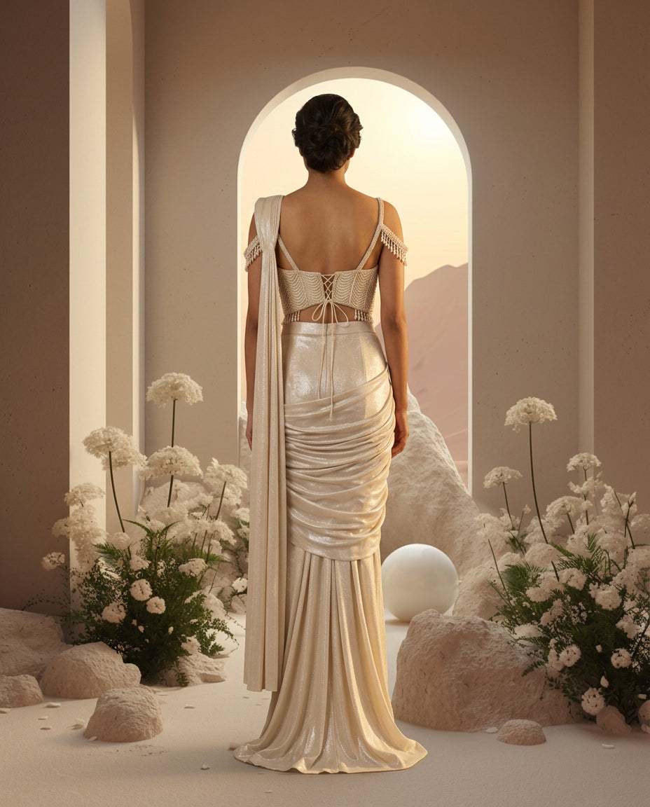 Ivory Embellished Saree Set