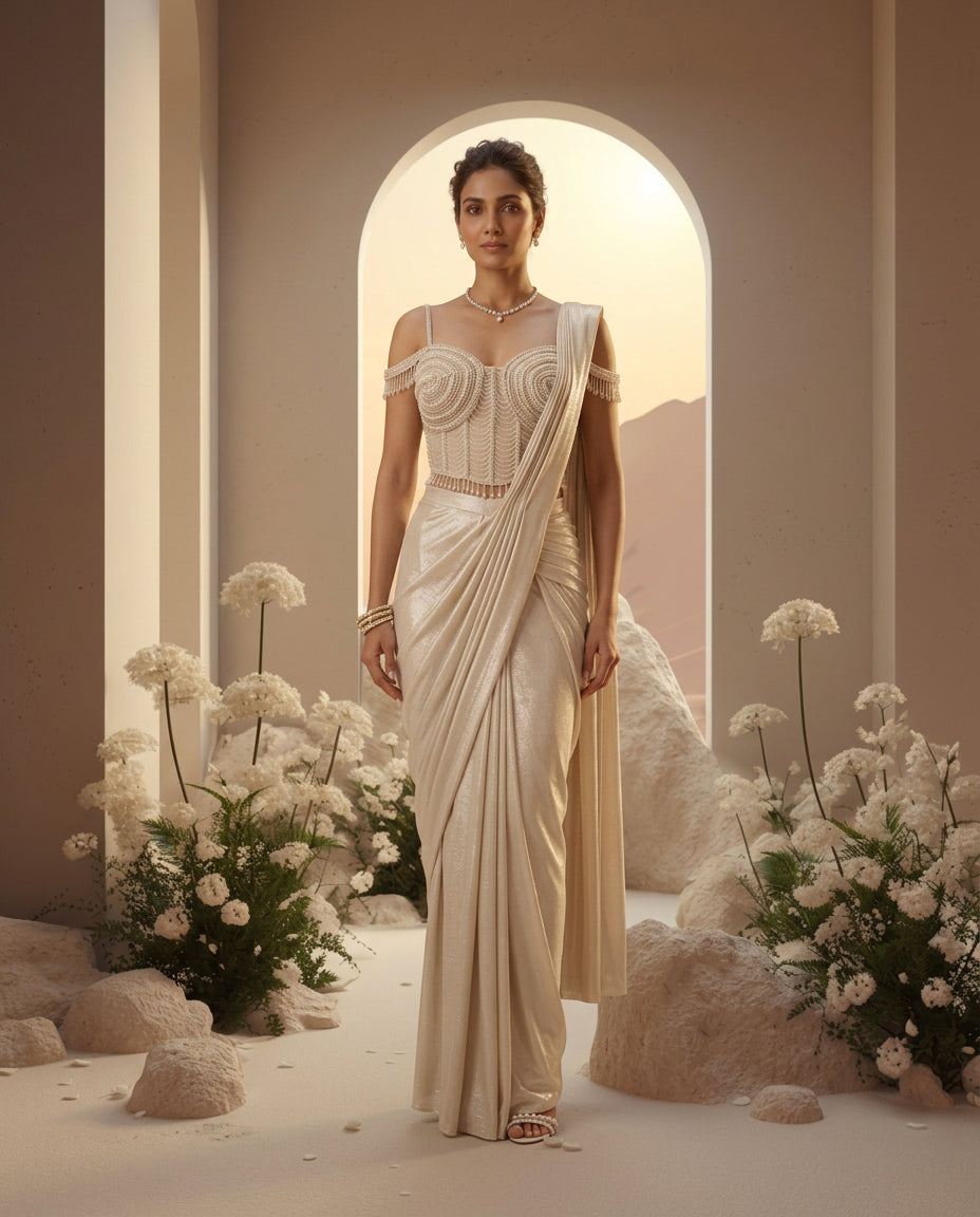 Ivory Embellished Saree Set