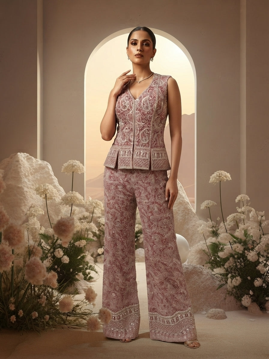 Red Corset Embroidered Sharara Set