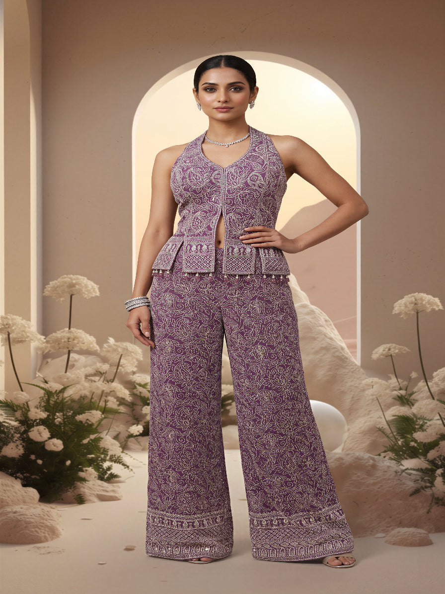 Red Corset Embroidered Sharara Set