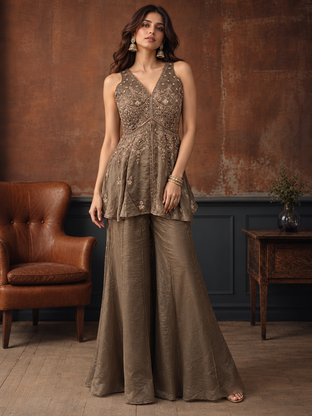 Grey Peplum & Sharara Set