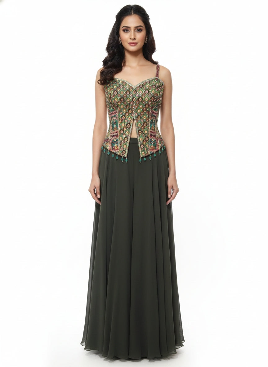 Embellished Printed Top with Slit Sharara Set