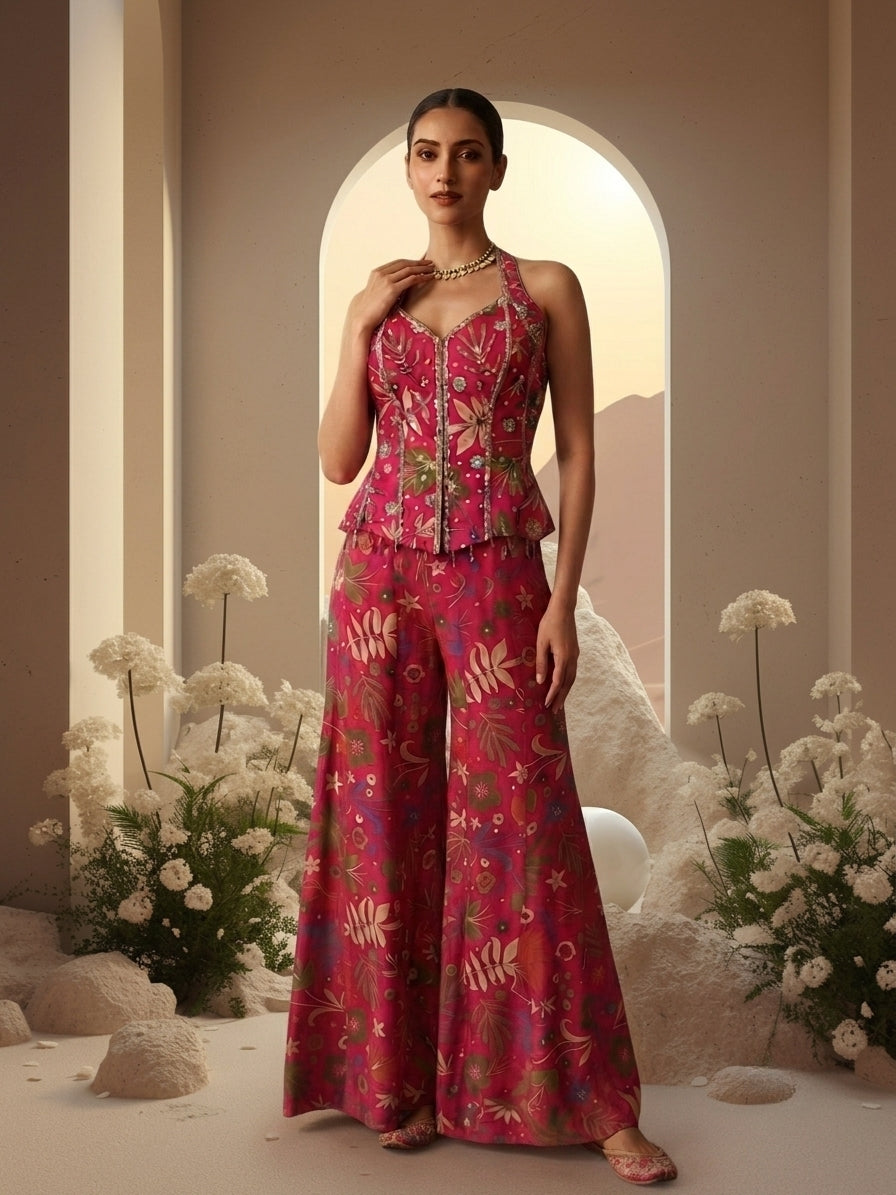Fushia Pink Embroidered Sharara Set
