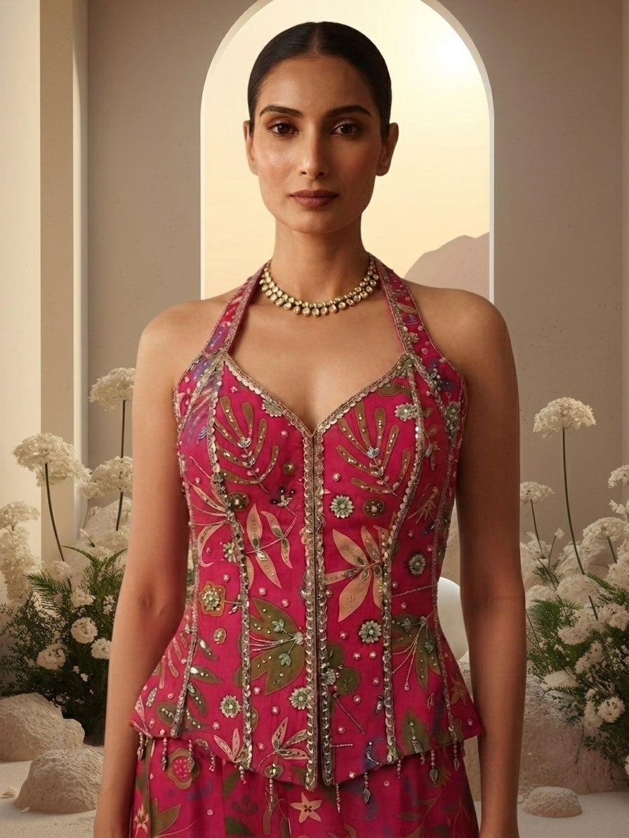 Fushia Pink Embroidered Sharara Set