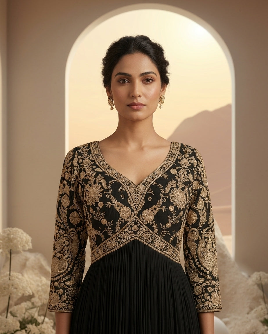 Gold Embroidered Anarkali Set