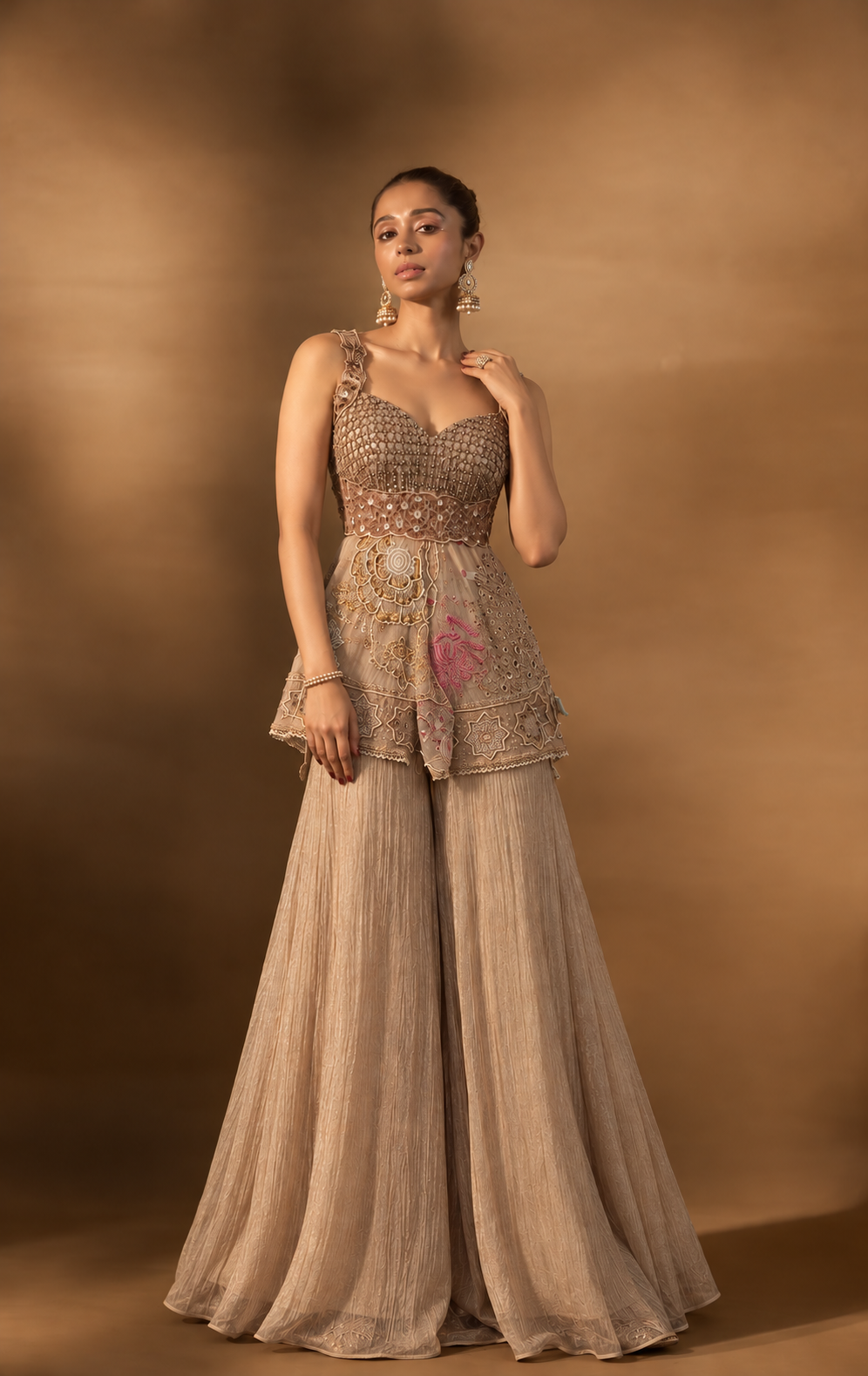 Beige Embellished Sharara Set