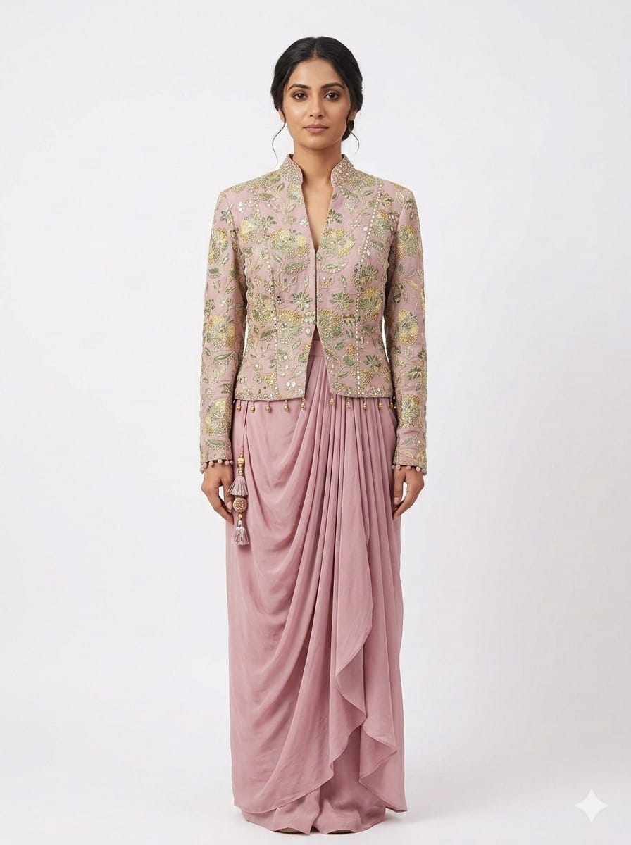Full Sleeves Embroidered Top Dhoti Set