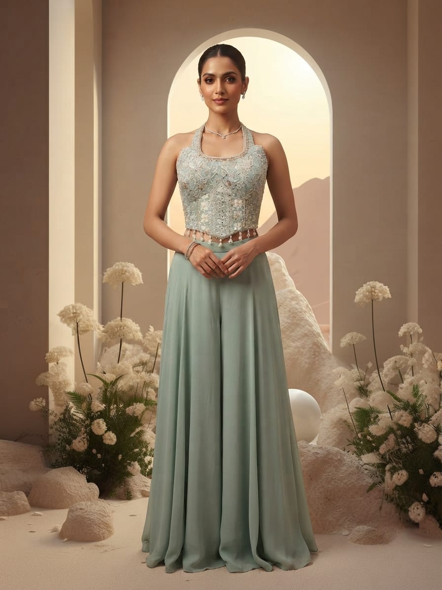 Blue Halter Embroidered Sharara Set