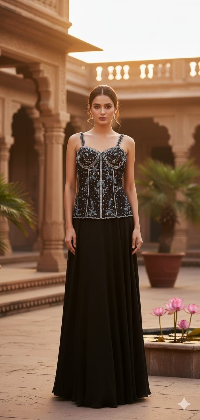 Black With Silver Embroidery Sharara Set